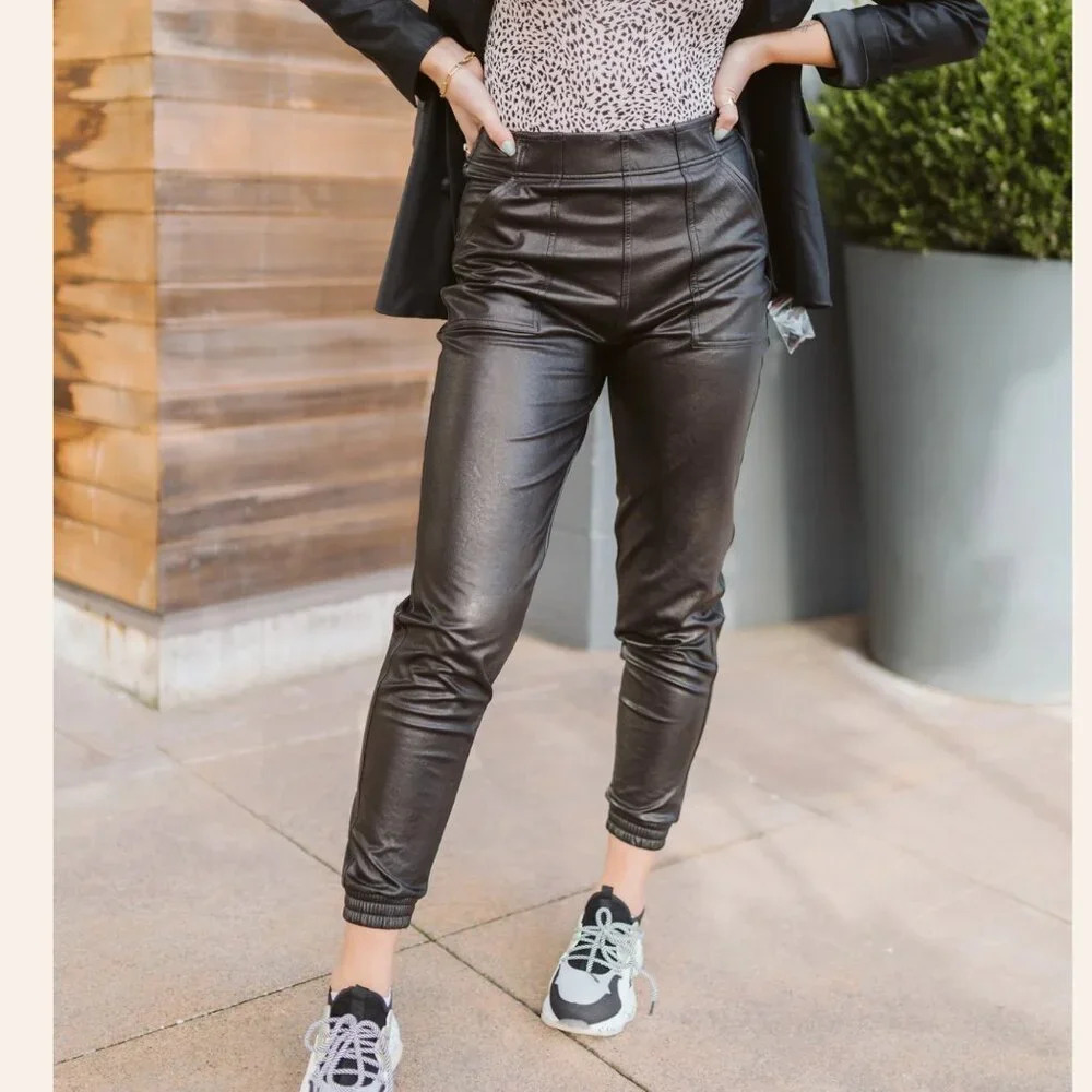 Spanx Faux Leather Vegan Jogger Pants in Black Size Small